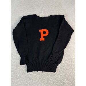 Vintage Princeton Varsity Club Sweater Black Orange 100% Wool Letterman Large